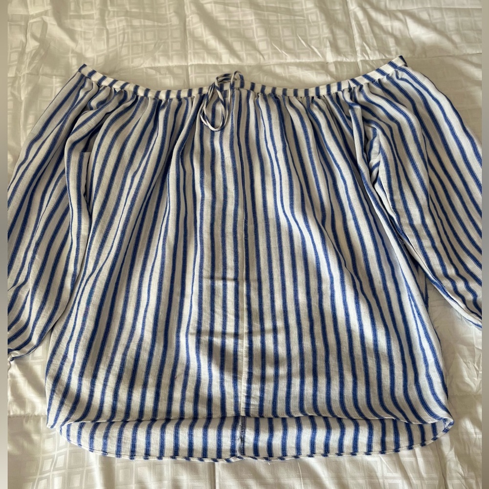 Blue/White Striped Blouse with Lantern Sleeves